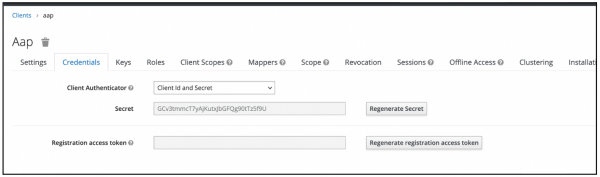 The Red Hat build of Keycloak administration console focusing on the "aap" client configuration. The "Credentials" tab is selected, displaying a field labeled "Client Secret" with a masked alphanumeric value and a copy button next to it. The interface shows the realm is set to "RHDH."