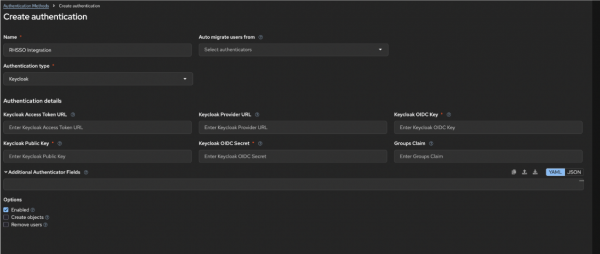 The form shows several configuration fields, including a "Name" text box where "RH SSO" is entered and a "Type" dropdown menu with "Keycloak" selected.