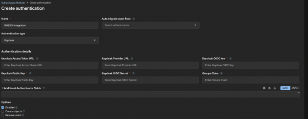 The form is populated with integration details, including the Keycloak Provider URL, Client ID set to "aap," and the Access Token URL. There is a large text area containing the PEM-formatted RS256 public key, and the Access Token Method is set to a "POST" dropdown selection.