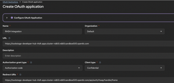 The "Create Application" screen shows a form filled with the name "Developer Hub Integration," "Confidential" client type, and "Authorization code" grant type. The Redirect URIs field contains the RHDH callback URL for the rhaap provider.