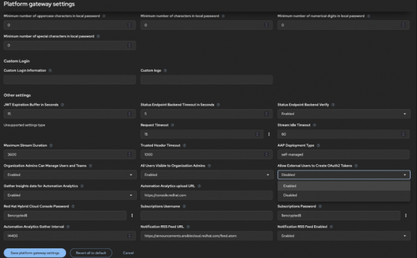 Ansible Automation Platform settings interface under the "Platform gateway" section. A toggle switch next to the label "Allow external users to create OAuth2 tokens" is highlighted and set to the "On" position.
