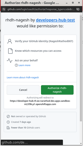 GitHub pop up page view of authorizing with Developer Hub.