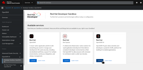 Launching OpenShift AI from the OpenShift Sandbox page.