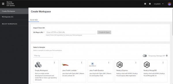 The user dashboard of Red Hat OpenShift Dev Spaces.