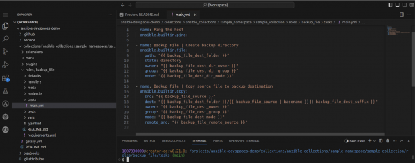 An example role is located at collections/ansible_collections/sample_namespace/sample_collection/roles/backup_file and involves the task of generating a backup copy of a file and placing it in an alternative directory.