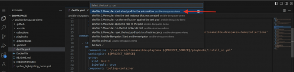 Use the Molecule project to test the backup_file role. To do that in the workspace, click “Terminal” -> “Run Task” -> “devfile” -> “1.Molecule: start a test pod for the automation.