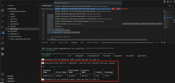 If you don’t see installed extensions, refresh the web page with the workspace or execute another workspace command by clicking “Terminal” -> “Run Task” -> “devfile” -> “2.Molecule: view the test instance that was created”.