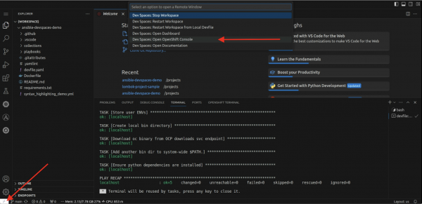 Access the OpenShift console directly from the workspace.
