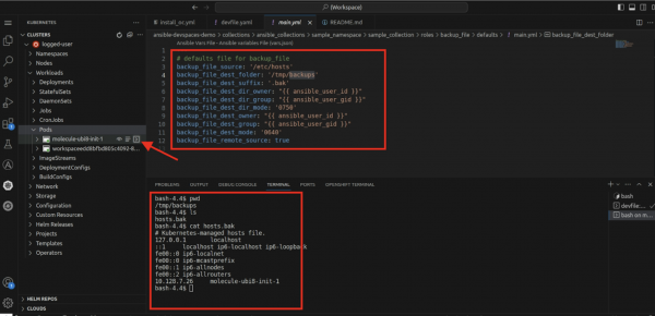 Check that the backup file was created by clicking the Terminal button on the test pod and checking the files in the folder.