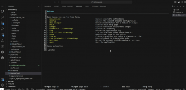 To explore the ansible configuration, type :config in the terminal and press Enter.