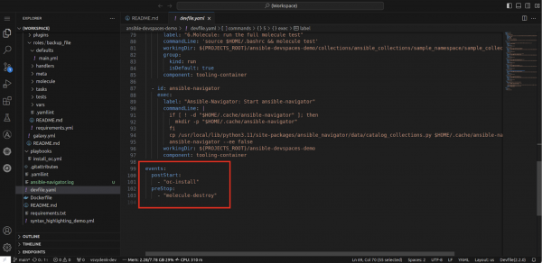 OpenShift Dev Spaces will automatically remove the test pod before shutting down the workspace. To do that the workspace runs “6.Molecule: reset the test pod back to a fresh instance” command.