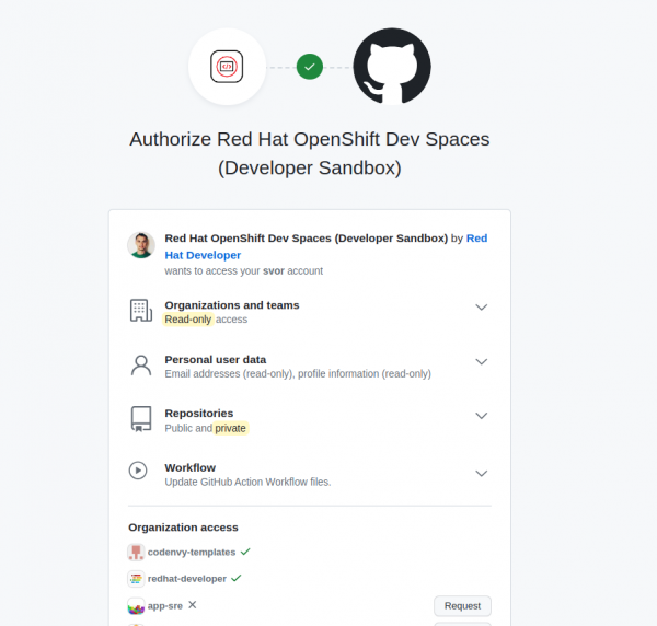 You will be asked to authorize the GitHub OAuth app configured for each of the Developer Sandbox clusters.