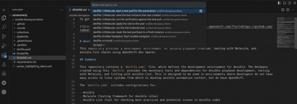 The development environment, including the commands for running the full Molecule test scenario or each stage one by one, is defined in a declarative way using the devfile.yaml in the root of the repository.