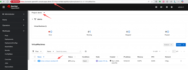 A demo VM is running under demo “namespace.”