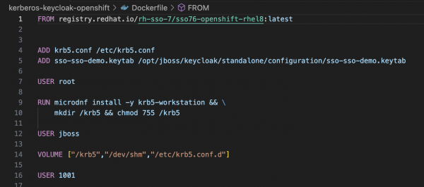Dockerfile for building a custom RHSSO image also containing kinit and the keytab