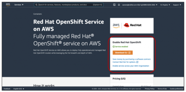 Enabling Red Hat OpenShift Service on AWS from the AWS web console.