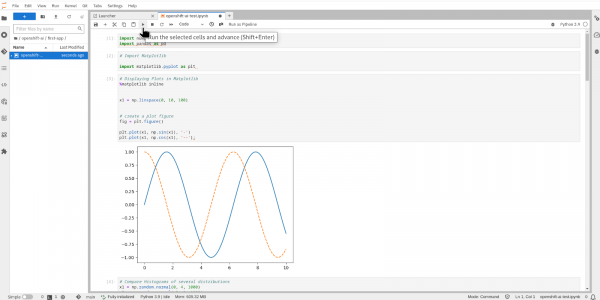 Illustration of a Jupyter Notebook in operation, showing a code cell being executed with options to run, stop, or debug the code.