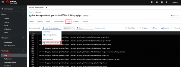 Dynamic plugins log in OpenShift.