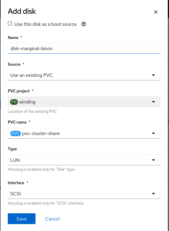 The UI Add disk page > set parameters as Name: disk-marginal-bison > Source: Use an existing PC > PVC project: PR winding > PVC name: PVC pvc-cluster-share > Type: LUN > Interface: SCSI.