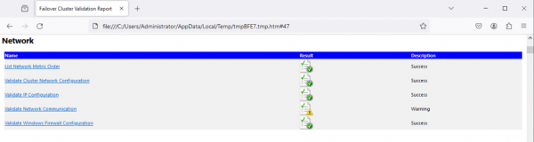 Network > Validate Network Communication labeled as Warning.