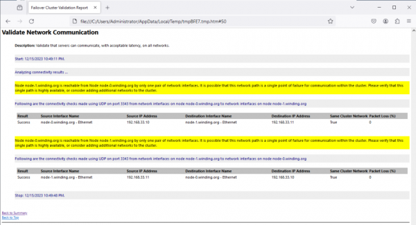 The result of clicking the Validate Network Communication link showing network validation details.