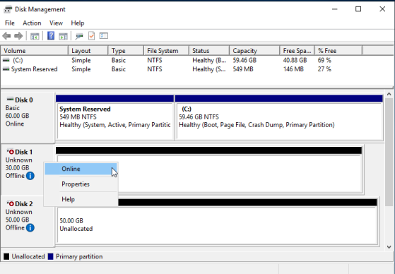 Disk management > Disk 1 > Online.