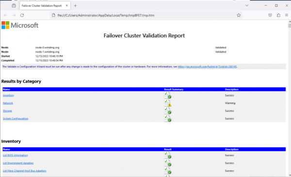 Failover Cluster Validation Report.