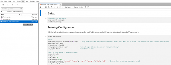 sft_feast_rag_model.ipynb notebook in Red Hat OpenShift AI displaying the Setup and Training Configuration code cells.