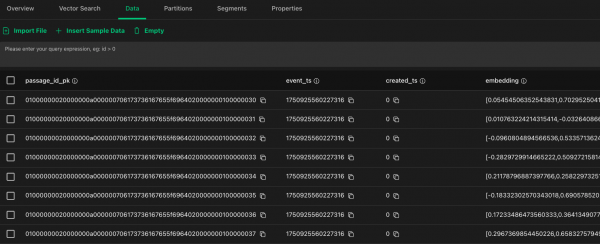 Data tab in the vector database interface displaying a table of records including passage_id_pk identifiers and vector embedding arrays.