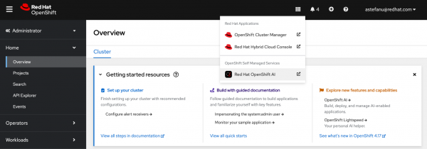 Red Hat OpenShift application launcher menu displaying the Red Hat OpenShift AI link under OpenShift Self Managed Services.