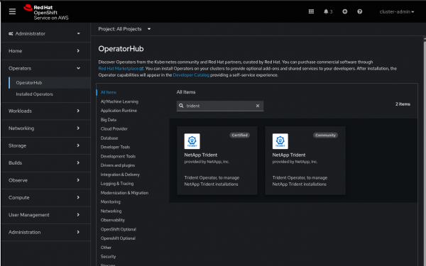 OperatorHub interface displaying search results for "trident," featuring both Certified and Community versions of the NetApp Trident Operator.