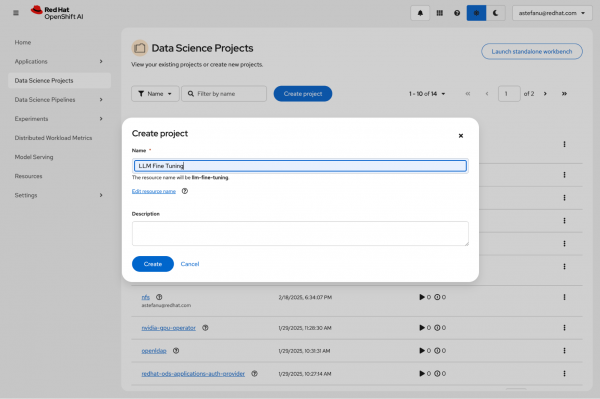 Create project modal on the Red Hat OpenShift AI Data Science Projects page with LLM Fine Tuning entered in the Name field.