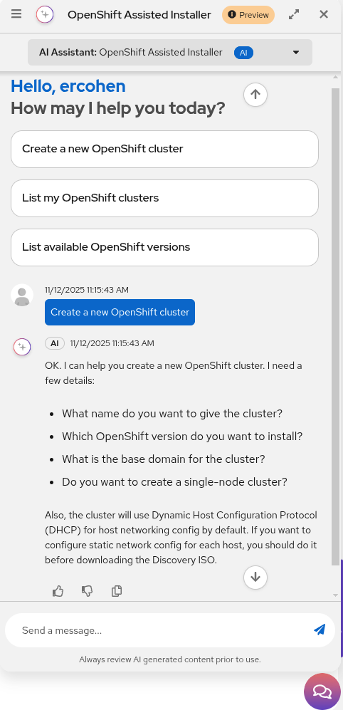 Chat interface showing the AI Assistant responding to a cluster creation request by asking for the cluster name, version, base domain, and single-node preference.