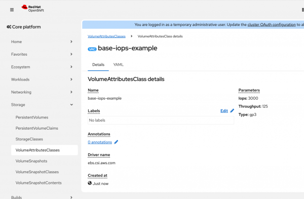 Red Hat OpenShift web console showing the VolumeAttributesClass details page for base-iops-example, displaying its AWS EBS driver name and gp3 parameters for 3000 IOPS and 125 throughput.