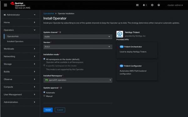 Install Operator screen for NetApp Trident configured with stable update channel, version 25.6.0, all namespaces installation mode, and automatic update approval.