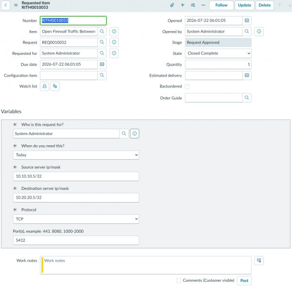 ServiceNow RITM form displaying source IP 10.10.10.5/32, destination IP 10.20.20.5/32, TCP protocol, and port 5432.