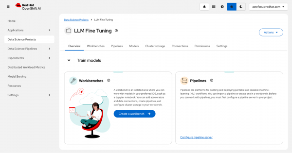LLM Fine Tuning project overview page in Red Hat OpenShift AI displaying the Train models section with options to create a workbench or configure a pipeline server.
