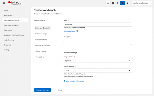 Create workbench form in Red Hat OpenShift AI with notebook entered as the name and PyTorch 2024.2 selected as the image.