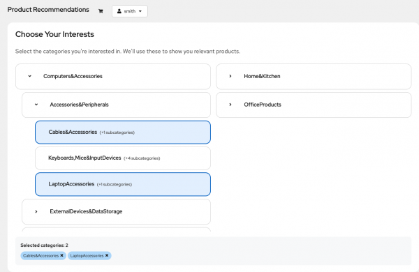 A screenshot of the registration wizard where a user can check boxes for interest categories like "Cables&Accessories" and "LaptopAccessories to solve the cold-start problem.