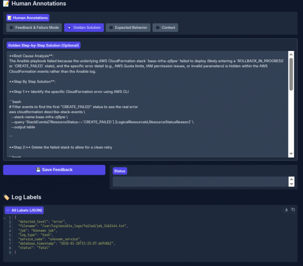 An interactive interface showing a golden solution for an Ansible playbook failure with root cause analysis, a two-step CLI recovery process, and associated log labels in JSON format.