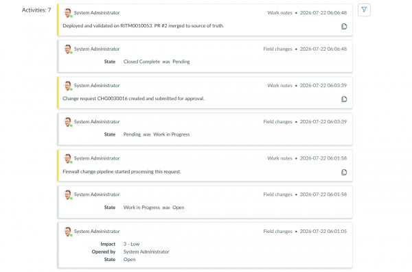 ServiceNow activity stream listing automated work notes and state changes from Open to Closed Complete recorded during the automation workflow.