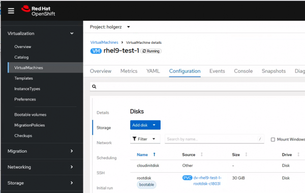 To identify the PVC, look at the storage details of the VM in the OpenShift web UI.