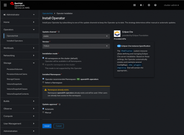 Install Operator screen for Eclipse Che configured with stable update channel, version 7.106.0, all namespaces mode, and automatic approval.