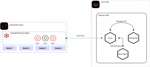 Podman pod on a Linux VM containing a SPIRE agent, Envoy proxy, and PostgreSQL container communicating via Unix domain sockets.