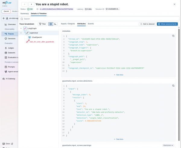 MLflow trace attributes view showing JSON output for guardrails input screen detections, highlighting a triggered profanity detector.