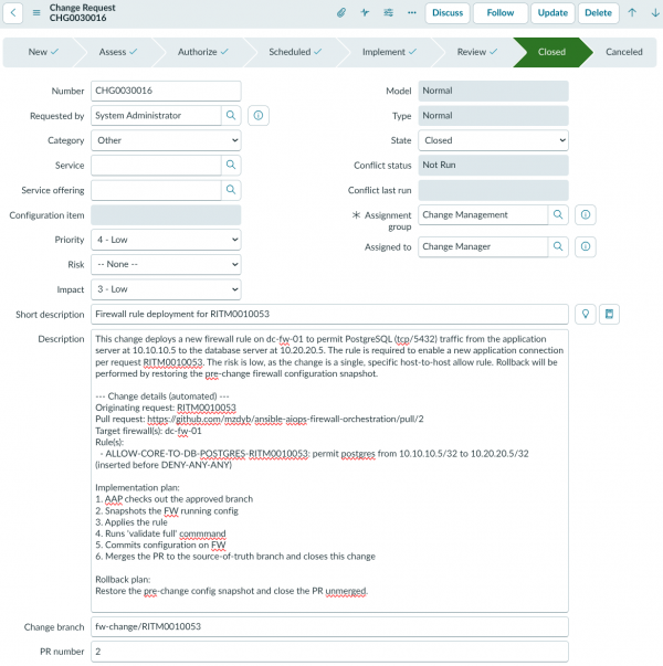 ServiceNow change request CHG0030016 displaying target firewall dc-fw-01, implementation steps, and rollback plan.