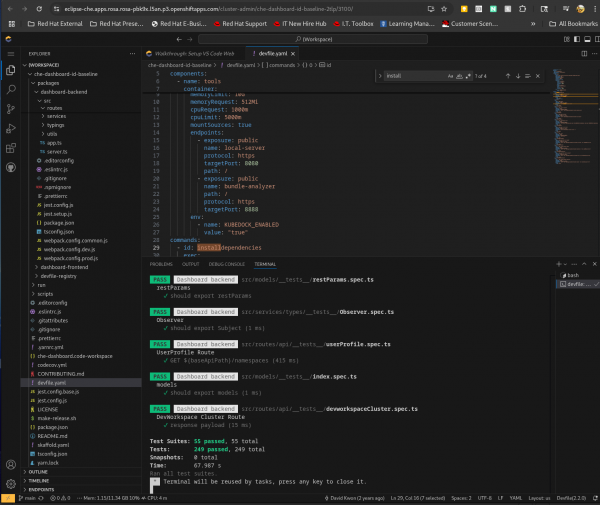 Eclipse Che IDE displaying devfile.yaml code for component configuration and a terminal showing successful test results.