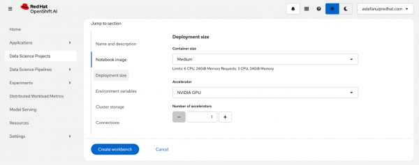 Deployment size section of the Create workbench form in Red Hat OpenShift AI with Medium container size and 1 NVIDIA GPU accelerator selected.