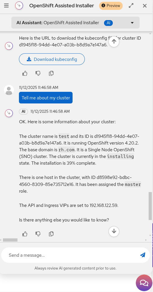 AI Assistant chat interface displaying installation progress at 39%, confirming the cluster name as "test," the version as Red Hat OpenShift 4.20.2, and that one host has been assigned the controller role.