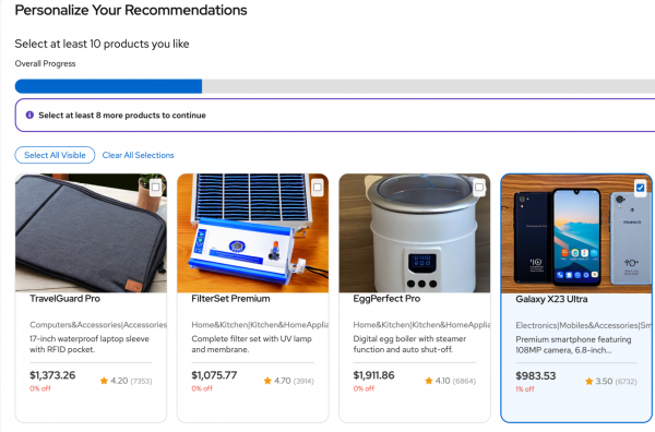 A screenshot of the final registration step where a user selects at least 10 specific products they like within their selected interest categories to further refine their initial preference profile. There are several products shown, each with a product image, title, description, price, discount and average rating. A checkbox is available for the user to select at the top-right of each product.